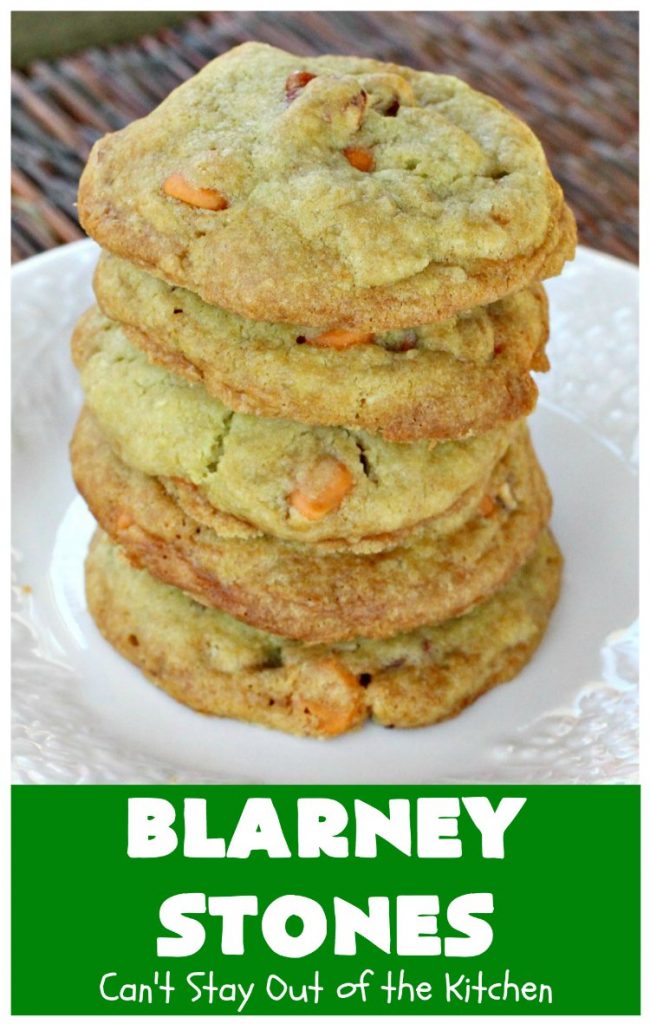 Blarney Stones | Can't Stay Out of the Kitchen | Enjoy the luck of the #Irish with these fantastic #cookies. They're made with #pecans, #PistachioPuddingMix, #AlmondExtract & #ButterscotchMorsels & are so mouthwatering. They are terrific for #tailgating or #holiday parties. #dessert #ChristmasCookieExchange #StPatricksDay #BlarneyStones