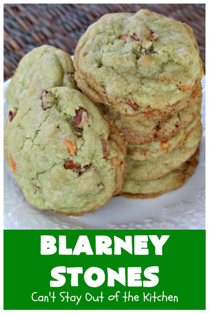 Blarney Stones | Can't Stay Out of the Kitchen | Enjoy the luck of the #Irish with these fantastic #cookies. They're made with #pecans, #PistachioPuddingMix, #AlmondExtract & #ButterscotchMorsels & are so mouthwatering. They are terrific for #tailgating or #holiday parties. #dessert #ChristmasCookieExchange #StPatricksDay #BlarneyStones