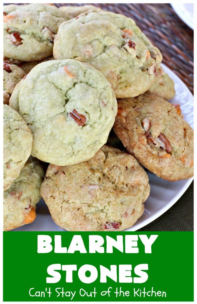 Blarney Stones | Can't Stay Out of the Kitchen | Enjoy the luck of the #Irish with these fantastic #cookies. They're made with #pecans, #PistachioPuddingMix, #AlmondExtract & #ButterscotchMorsels & are so mouthwatering. They are terrific for #tailgating or #holiday parties. #dessert #ChristmasCookieExchange #StPatricksDay #BlarneyStones