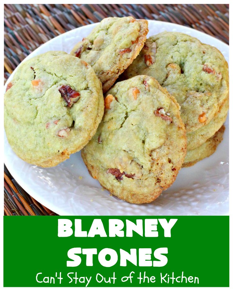 Blarney Stones | Can't Stay Out of the Kitchen | Enjoy the luck of the #Irish with these fantastic #cookies. They're made with #pecans, #PistachioPuddingMix, #AlmondExtract & #ButterscotchMorsels & are so mouthwatering. They are terrific for #tailgating or #holiday parties. #dessert #ChristmasCookieExchange #StPatricksDay #BlarneyStones