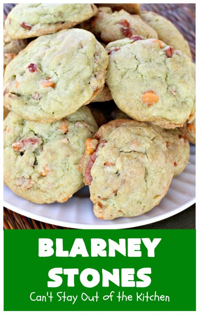 Blarney Stones | Can't Stay Out of the Kitchen | Enjoy the luck of the #Irish with these fantastic #cookies. They're made with #pecans, #PistachioPuddingMix, #AlmondExtract & #ButterscotchMorsels & are so mouthwatering. They are terrific for #tailgating or #holiday parties. #dessert #ChristmasCookieExchange #StPatricksDay #BlarneyStones