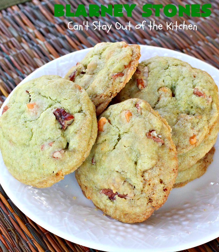Blarney Stones | Can't Stay Out of the Kitchen | Enjoy the luck of the #Irish with these fantastic #cookies. They're made with #pecans, #PistachioPuddingMix, #AlmondExtract & #ButterscotchMorsels & are so mouthwatering. They are terrific for #tailgating or #holiday parties. #dessert #ChristmasCookieExchange #StPatricksDay #BlarneyStones