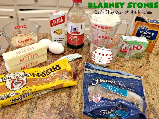 Blarney Stones | Can't Stay Out of the Kitchen | Enjoy the luck of the #Irish with these fantastic #cookies. They're made with #pecans, #PistachioPuddingMix, #AlmondExtract & #ButterscotchMorsels & are so mouthwatering. They are terrific for #tailgating or #holiday parties. #dessert #ChristmasCookieExchange #StPatricksDay #BlarneyStones