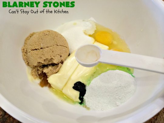 Blarney Stones | Can't Stay Out of the Kitchen | Enjoy the luck of the #Irish with these fantastic #cookies. They're made with #pecans, #PistachioPuddingMix, #AlmondExtract & #ButterscotchMorsels & are so mouthwatering. They are terrific for #tailgating or #holiday parties. #dessert #ChristmasCookieExchange #StPatricksDay #BlarneyStones
