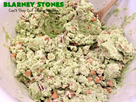 Blarney Stones | Can't Stay Out of the Kitchen | Enjoy the luck of the #Irish with these fantastic #cookies. They're made with #pecans, #PistachioPuddingMix, #AlmondExtract & #ButterscotchMorsels & are so mouthwatering. They are terrific for #tailgating or #holiday parties. #dessert #ChristmasCookieExchange #StPatricksDay #BlarneyStones