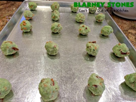 Blarney Stones | Can't Stay Out of the Kitchen | Enjoy the luck of the #Irish with these fantastic #cookies. They're made with #pecans, #PistachioPuddingMix, #AlmondExtract & #ButterscotchMorsels & are so mouthwatering. They are terrific for #tailgating or #holiday parties. #dessert #ChristmasCookieExchange #StPatricksDay #BlarneyStones