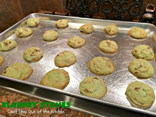 Blarney Stones | Can't Stay Out of the Kitchen | Enjoy the luck of the #Irish with these fantastic #cookies. They're made with #pecans, #PistachioPuddingMix, #AlmondExtract & #ButterscotchMorsels & are so mouthwatering. They are terrific for #tailgating or #holiday parties. #dessert #ChristmasCookieExchange #StPatricksDay #BlarneyStones