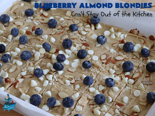 Blueberry Almond Blondies | Can't Stay Out of the Kitchen | these rich, decadent, drool-worthy #blondies will have you swooning from the first bite. They're filled with #blueberries, #almonds, #VanillaChips & made with #BrownedButter in the batter & the icing. Great for #tailgating parties, #BackyardBarbecue, or potlucks. Be prepared: these #cookies are addictive. You'll want more than one! #dessert #BlueberryAlmondBlondies
