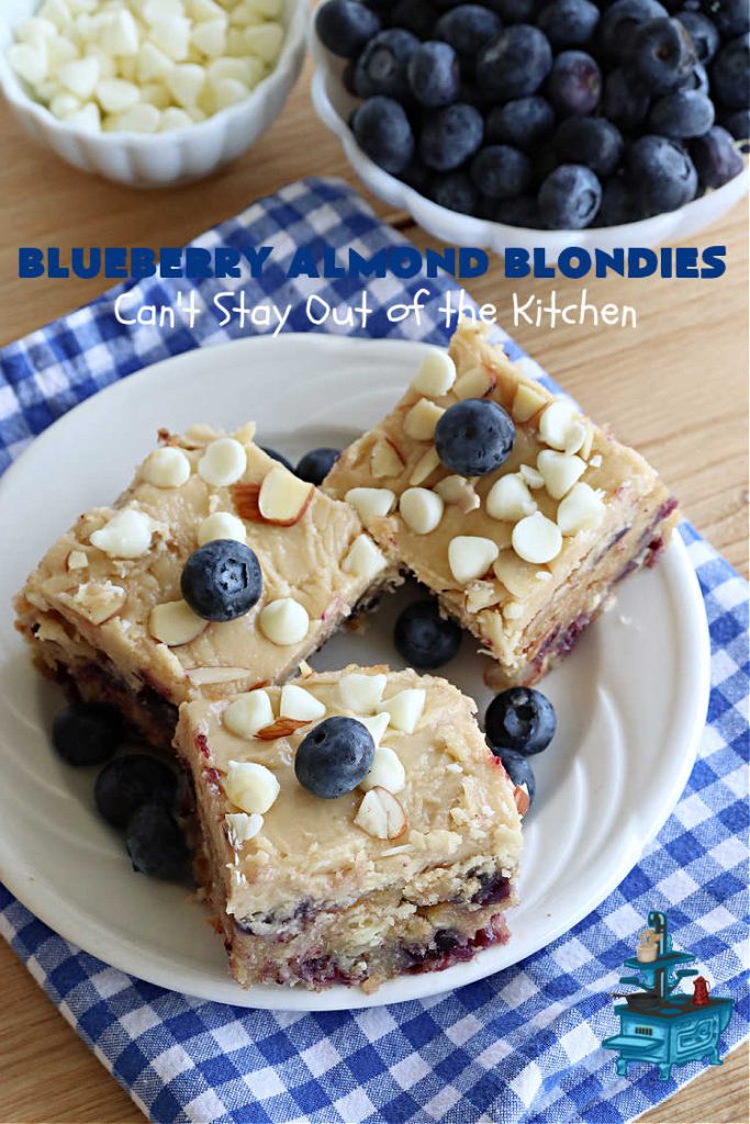 Blueberry Almond Blondies | Can't Stay Out of the Kitchen | these rich, decadent, drool-worthy #blondies will have you swooning from the first bite. They're filled with #blueberries, #almonds, #VanillaChips & made with #BrownedButter in the batter & the icing. Great for #tailgating parties, #BackyardBarbecue, or potlucks. Be prepared: these #cookies are addictive. You'll want more than one! #dessert #BlueberryAlmondBlondies