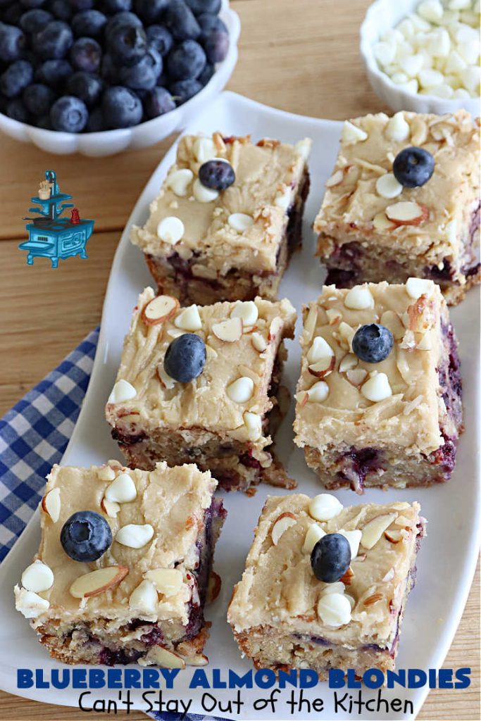 Blueberry Almond Blondies | Can't Stay Out of the Kitchen | these rich, decadent, drool-worthy #blondies will have you swooning from the first bite. They're filled with #blueberries, #almonds, #VanillaChips & made with #BrownedButter in the batter & the icing. Great for #tailgating parties, #BackyardBarbecue, or potlucks. Be prepared: these #cookies are addictive. You'll want more than one! #dessert #BlueberryAlmondBlondies