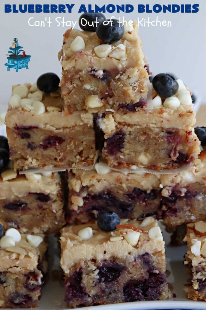 Blueberry Almond Blondies | Can't Stay Out of the Kitchen | these rich, decadent, drool-worthy #blondies will have you swooning from the first bite. They're filled with #blueberries, #almonds, #VanillaChips & made with #BrownedButter in the batter & the icing. Great for #tailgating parties, #BackyardBarbecue, or potlucks. Be prepared: these #cookies are addictive. You'll want more than one! #dessert #BlueberryAlmondBlondies