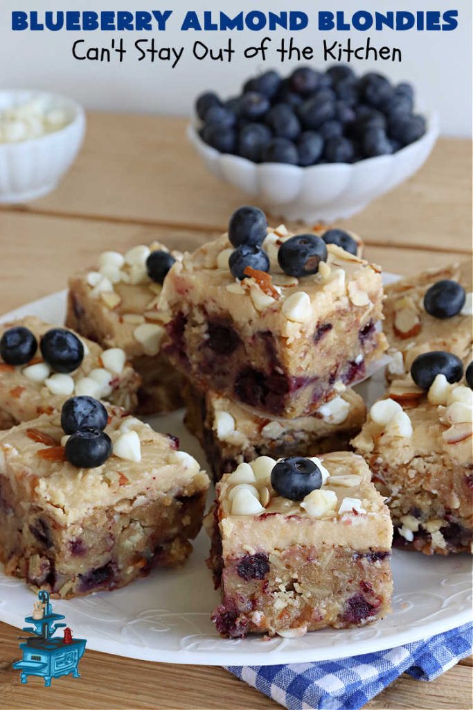 Blueberry Almond Blondies | Can't Stay Out of the Kitchen | these rich, decadent, drool-worthy #blondies will have you swooning from the first bite. They're filled with #blueberries, #almonds, #VanillaChips & made with #BrownedButter in the batter & the icing. Great for #tailgating parties, #BackyardBarbecue, or potlucks. Be prepared: these #cookies are addictive. You'll want more than one! #dessert #BlueberryAlmondBlondies