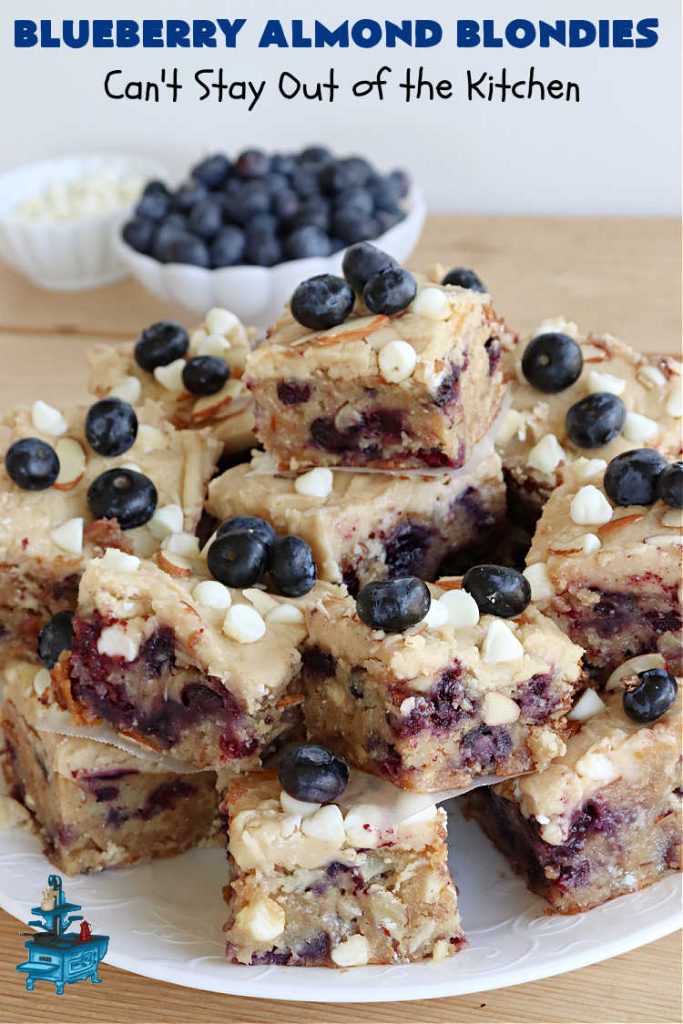 Blueberry Almond Blondies | Can't Stay Out of the Kitchen | these rich, decadent, drool-worthy #blondies will have you swooning from the first bite. They're filled with #blueberries, #almonds, #VanillaChips & made with #BrownedButter in the batter & the icing. Great for #tailgating parties, #BackyardBarbecue, or potlucks. Be prepared: these #cookies are addictive. You'll want more than one! #dessert #BlueberryAlmondBlondies