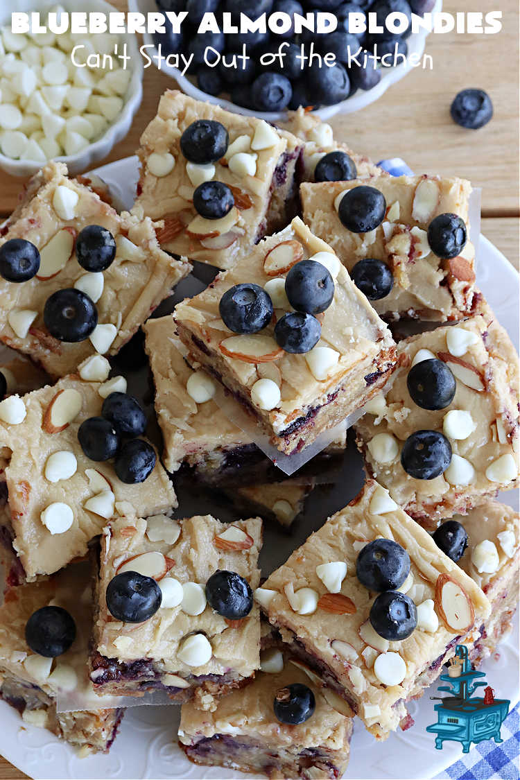 Blueberry Almond Blondies | Can't Stay Out of the Kitchen | these rich, decadent, drool-worthy #blondies will have you swooning from the first bite. They're filled with #blueberries, #almonds, #VanillaChips & made with #BrownedButter in the batter & the icing. Great for #tailgating parties, #BackyardBarbecue, or potlucks. Be prepared: these #cookies are addictive. You'll want more than one! #dessert #BlueberryAlmondBlondies