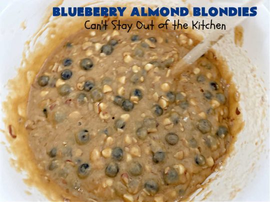 Blueberry Almond Blondies | Can't Stay Out of the Kitchen | these rich, decadent, drool-worthy #blondies will have you swooning from the first bite. They're filled with #blueberries, #almonds, #VanillaChips & made with #BrownedButter in the batter & the icing. Great for #tailgating parties, #BackyardBarbecue, or potlucks. Be prepared: these #cookies are addictive. You'll want more than one! #dessert #BlueberryAlmondBlondies