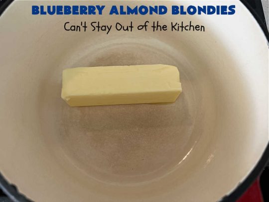 Blueberry Almond Blondies | Can't Stay Out of the Kitchen | these rich, decadent, drool-worthy #blondies will have you swooning from the first bite. They're filled with #blueberries, #almonds, #VanillaChips & made with #BrownedButter in the batter & the icing. Great for #tailgating parties, #BackyardBarbecue, or potlucks. Be prepared: these #cookies are addictive. You'll want more than one! #dessert #BlueberryAlmondBlondies