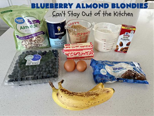 Blueberry Almond Blondies | Can't Stay Out of the Kitchen | these rich, decadent, drool-worthy #blondies will have you swooning from the first bite. They're filled with #blueberries, #almonds, #VanillaChips & made with #BrownedButter in the batter & the icing. Great for #tailgating parties, #BackyardBarbecue, or potlucks. Be prepared: these #cookies are addictive. You'll want more than one! #dessert #BlueberryAlmondBlondies