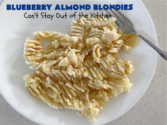 Blueberry Almond Blondies | Can't Stay Out of the Kitchen | these rich, decadent, drool-worthy #blondies will have you swooning from the first bite. They're filled with #blueberries, #almonds, #VanillaChips & made with #BrownedButter in the batter & the icing. Great for #tailgating parties, #BackyardBarbecue, or potlucks. Be prepared: these #cookies are addictive. You'll want more than one! #dessert #BlueberryAlmondBlondies