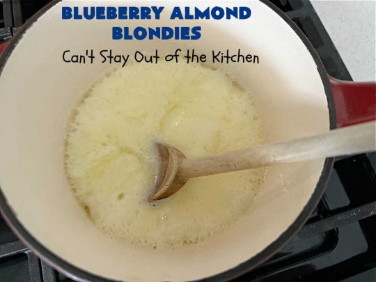 Blueberry Almond Blondies | Can't Stay Out of the Kitchen | these rich, decadent, drool-worthy #blondies will have you swooning from the first bite. They're filled with #blueberries, #almonds, #VanillaChips & made with #BrownedButter in the batter & the icing. Great for #tailgating parties, #BackyardBarbecue, or potlucks. Be prepared: these #cookies are addictive. You'll want more than one! #dessert #BlueberryAlmondBlondies