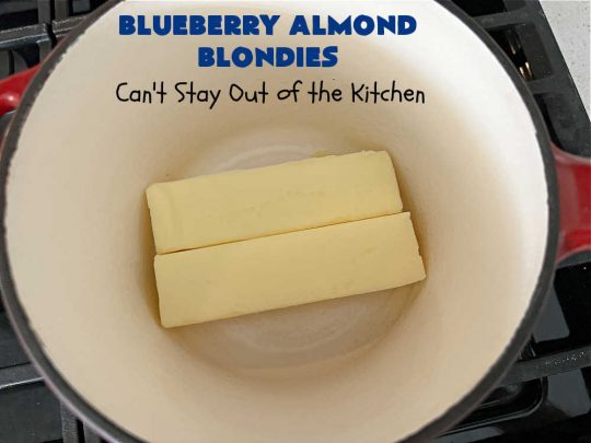 Blueberry Almond Blondies | Can't Stay Out of the Kitchen | these rich, decadent, drool-worthy #blondies will have you swooning from the first bite. They're filled with #blueberries, #almonds, #VanillaChips & made with #BrownedButter in the batter & the icing. Great for #tailgating parties, #BackyardBarbecue, or potlucks. Be prepared: these #cookies are addictive. You'll want more than one! #dessert #BlueberryAlmondBlondies