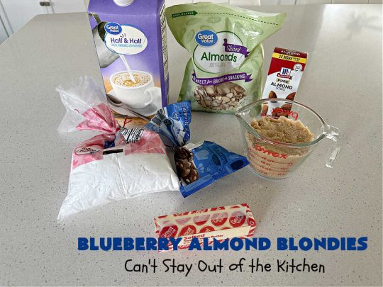 Blueberry Almond Blondies | Can't Stay Out of the Kitchen | these rich, decadent, drool-worthy #blondies will have you swooning from the first bite. They're filled with #blueberries, #almonds, #VanillaChips & made with #BrownedButter in the batter & the icing. Great for #tailgating parties, #BackyardBarbecue, or potlucks. Be prepared: these #cookies are addictive. You'll want more than one! #dessert #BlueberryAlmondBlondies
