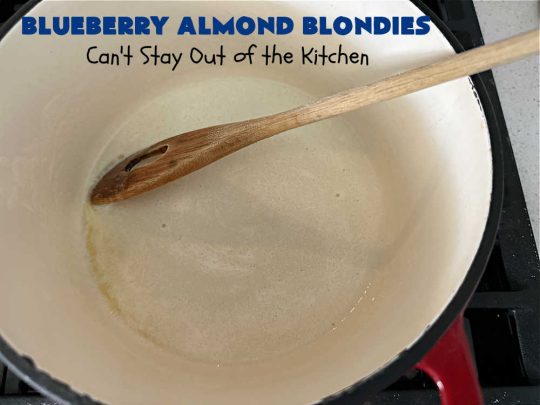 Blueberry Almond Blondies | Can't Stay Out of the Kitchen | these rich, decadent, drool-worthy #blondies will have you swooning from the first bite. They're filled with #blueberries, #almonds, #VanillaChips & made with #BrownedButter in the batter & the icing. Great for #tailgating parties, #BackyardBarbecue, or potlucks. Be prepared: these #cookies are addictive. You'll want more than one! #dessert #BlueberryAlmondBlondies