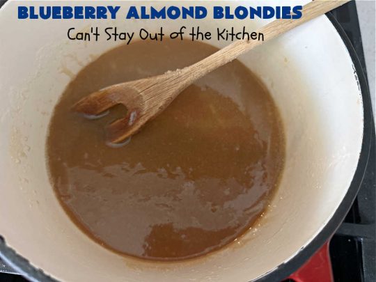 Blueberry Almond Blondies | Can't Stay Out of the Kitchen | these rich, decadent, drool-worthy #blondies will have you swooning from the first bite. They're filled with #blueberries, #almonds, #VanillaChips & made with #BrownedButter in the batter & the icing. Great for #tailgating parties, #BackyardBarbecue, or potlucks. Be prepared: these #cookies are addictive. You'll want more than one! #dessert #BlueberryAlmondBlondies