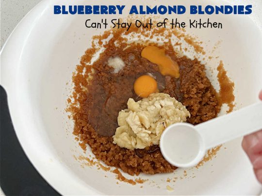 Blueberry Almond Blondies | Can't Stay Out of the Kitchen | these rich, decadent, drool-worthy #blondies will have you swooning from the first bite. They're filled with #blueberries, #almonds, #VanillaChips & made with #BrownedButter in the batter & the icing. Great for #tailgating parties, #BackyardBarbecue, or potlucks. Be prepared: these #cookies are addictive. You'll want more than one! #dessert #BlueberryAlmondBlondies