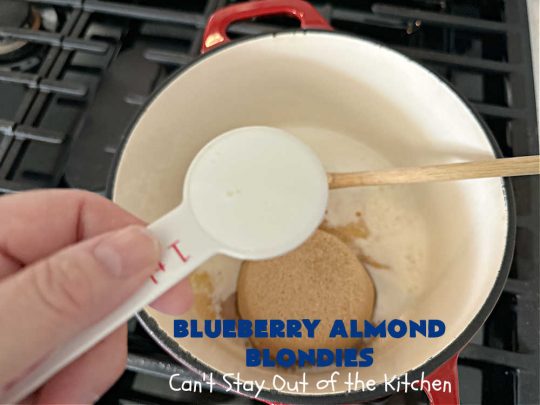 Blueberry Almond Blondies | Can't Stay Out of the Kitchen | these rich, decadent, drool-worthy #blondies will have you swooning from the first bite. They're filled with #blueberries, #almonds, #VanillaChips & made with #BrownedButter in the batter & the icing. Great for #tailgating parties, #BackyardBarbecue, or potlucks. Be prepared: these #cookies are addictive. You'll want more than one! #dessert #BlueberryAlmondBlondies