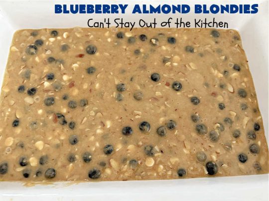 Blueberry Almond Blondies | Can't Stay Out of the Kitchen | these rich, decadent, drool-worthy #blondies will have you swooning from the first bite. They're filled with #blueberries, #almonds, #VanillaChips & made with #BrownedButter in the batter & the icing. Great for #tailgating parties, #BackyardBarbecue, or potlucks. Be prepared: these #cookies are addictive. You'll want more than one! #dessert #BlueberryAlmondBlondies