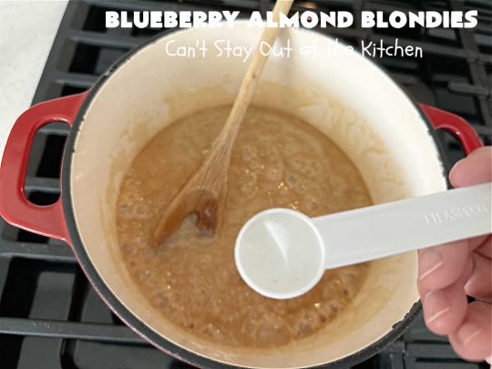 Blueberry Almond Blondies | Can't Stay Out of the Kitchen | these rich, decadent, drool-worthy #blondies will have you swooning from the first bite. They're filled with #blueberries, #almonds, #VanillaChips & made with #BrownedButter in the batter & the icing. Great for #tailgating parties, #BackyardBarbecue, or potlucks. Be prepared: these #cookies are addictive. You'll want more than one! #dessert #BlueberryAlmondBlondies