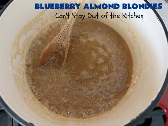 Blueberry Almond Blondies | Can't Stay Out of the Kitchen | these rich, decadent, drool-worthy #blondies will have you swooning from the first bite. They're filled with #blueberries, #almonds, #VanillaChips & made with #BrownedButter in the batter & the icing. Great for #tailgating parties, #BackyardBarbecue, or potlucks. Be prepared: these #cookies are addictive. You'll want more than one! #dessert #BlueberryAlmondBlondies