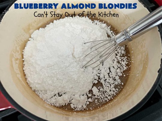Blueberry Almond Blondies | Can't Stay Out of the Kitchen | these rich, decadent, drool-worthy #blondies will have you swooning from the first bite. They're filled with #blueberries, #almonds, #VanillaChips & made with #BrownedButter in the batter & the icing. Great for #tailgating parties, #BackyardBarbecue, or potlucks. Be prepared: these #cookies are addictive. You'll want more than one! #dessert #BlueberryAlmondBlondies