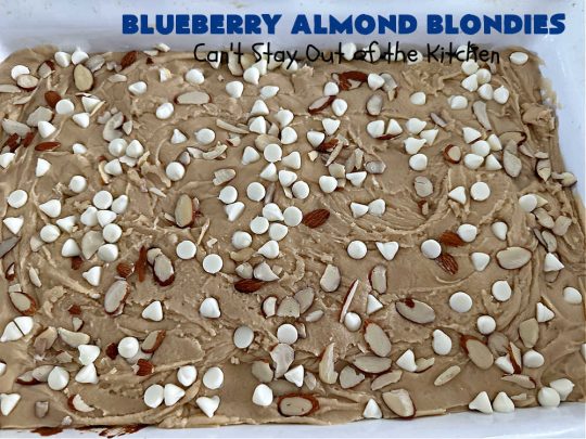 Blueberry Almond Blondies | Can't Stay Out of the Kitchen | these rich, decadent, drool-worthy #blondies will have you swooning from the first bite. They're filled with #blueberries, #almonds, #VanillaChips & made with #BrownedButter in the batter & the icing. Great for #tailgating parties, #BackyardBarbecue, or potlucks. Be prepared: these #cookies are addictive. You'll want more than one! #dessert #BlueberryAlmondBlondies