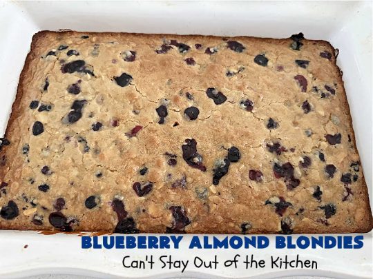 Blueberry Almond Blondies | Can't Stay Out of the Kitchen | these rich, decadent, drool-worthy #blondies will have you swooning from the first bite. They're filled with #blueberries, #almonds, #VanillaChips & made with #BrownedButter in the batter & the icing. Great for #tailgating parties, #BackyardBarbecue, or potlucks. Be prepared: these #cookies are addictive. You'll want more than one! #dessert #BlueberryAlmondBlondies