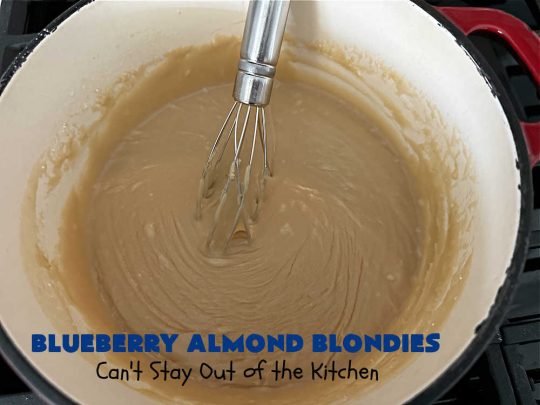 Blueberry Almond Blondies | Can't Stay Out of the Kitchen | these rich, decadent, drool-worthy #blondies will have you swooning from the first bite. They're filled with #blueberries, #almonds, #VanillaChips & made with #BrownedButter in the batter & the icing. Great for #tailgating parties, #BackyardBarbecue, or potlucks. Be prepared: these #cookies are addictive. You'll want more than one! #dessert #BlueberryAlmondBlondies