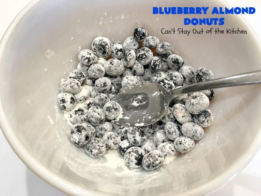 Blueberry Almond Donuts | Can't Stay Out of the Kitchen | these fabulous #blueberry #donuts include #almond extract in both the donut and the icing. They are outrageously delicious! I've made these 3 times & everyone always loves them. #blueberries #BlueberryDonuts #breakfast #Holiday #HolidayBreakfast 