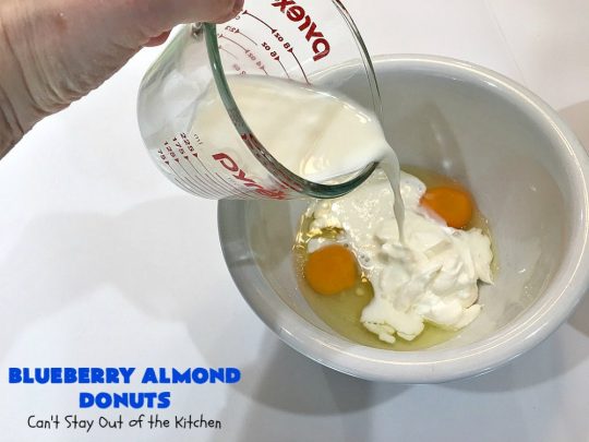 Blueberry Almond Donuts | Can't Stay Out of the Kitchen | these fabulous #blueberry #donuts include #almond extract in both the donut and the icing. They are outrageously delicious! I've made these 3 times & everyone always loves them. #blueberries #BlueberryDonuts #breakfast #Holiday #HolidayBreakfast 