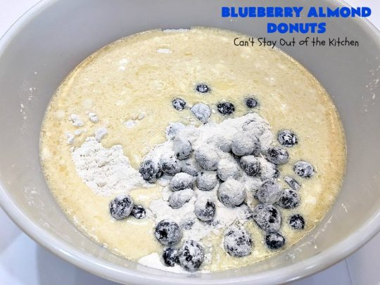 Blueberry Almond Donuts | Can't Stay Out of the Kitchen | these fabulous #blueberry #donuts include #almond extract in both the donut and the icing. They are outrageously delicious! I've made these 3 times & everyone always loves them. #blueberries #BlueberryDonuts #breakfast #Holiday #HolidayBreakfast 