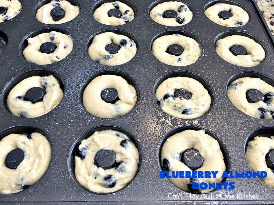 Blueberry Almond Donuts | Can't Stay Out of the Kitchen | these fabulous #blueberry #donuts include #almond extract in both the donut and the icing. They are outrageously delicious! I've made these 3 times & everyone always loves them. #blueberries #BlueberryDonuts #breakfast #Holiday #HolidayBreakfast 