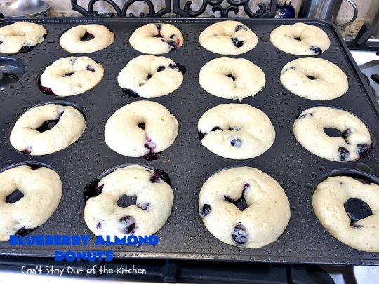 Blueberry Almond Donuts | Can't Stay Out of the Kitchen | these fabulous #blueberry #donuts include #almond extract in both the donut and the icing. They are outrageously delicious! I've made these 3 times & everyone always loves them. #blueberries #BlueberryDonuts #breakfast #Holiday #HolidayBreakfast 