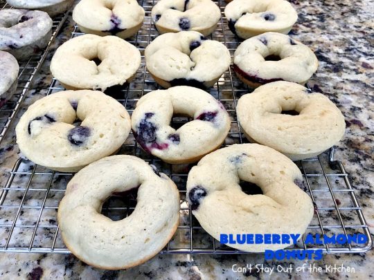 Blueberry Almond Donuts | Can't Stay Out of the Kitchen | these fabulous #blueberry #donuts include #almond extract in both the donut and the icing. They are outrageously delicious! I've made these 3 times & everyone always loves them. #blueberries #BlueberryDonuts #breakfast #Holiday #HolidayBreakfast 