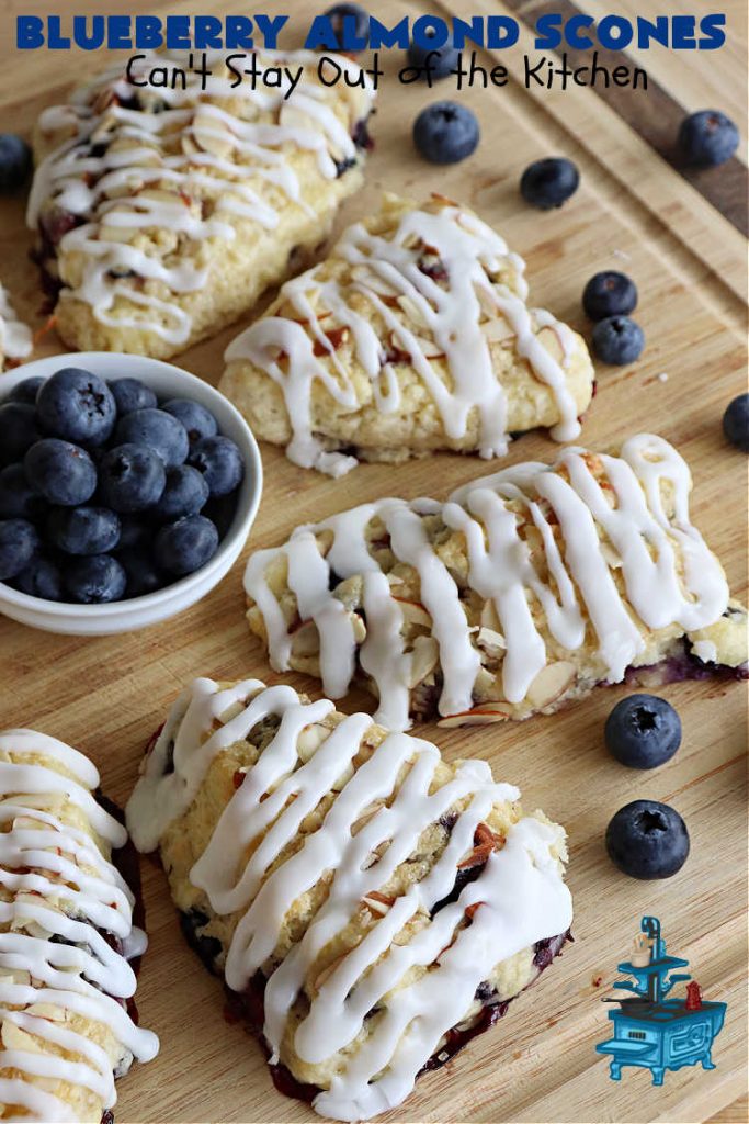 Blueberry Almond Scones | Can't Stay Out of the Kitchen | #BlueberryAlmondScones are outrageously good. These amazing #scones include #blueberries, #almonds & #AlmondExtract. They are so delightful with your morning coffee that you won't be able to put them down! Try these scrumptious treats for a weekend, company or #holiday #breakfast like #Thanksgiving, #Christmas or #NewYears. Everyone will swoon! #HolidayBreakfast