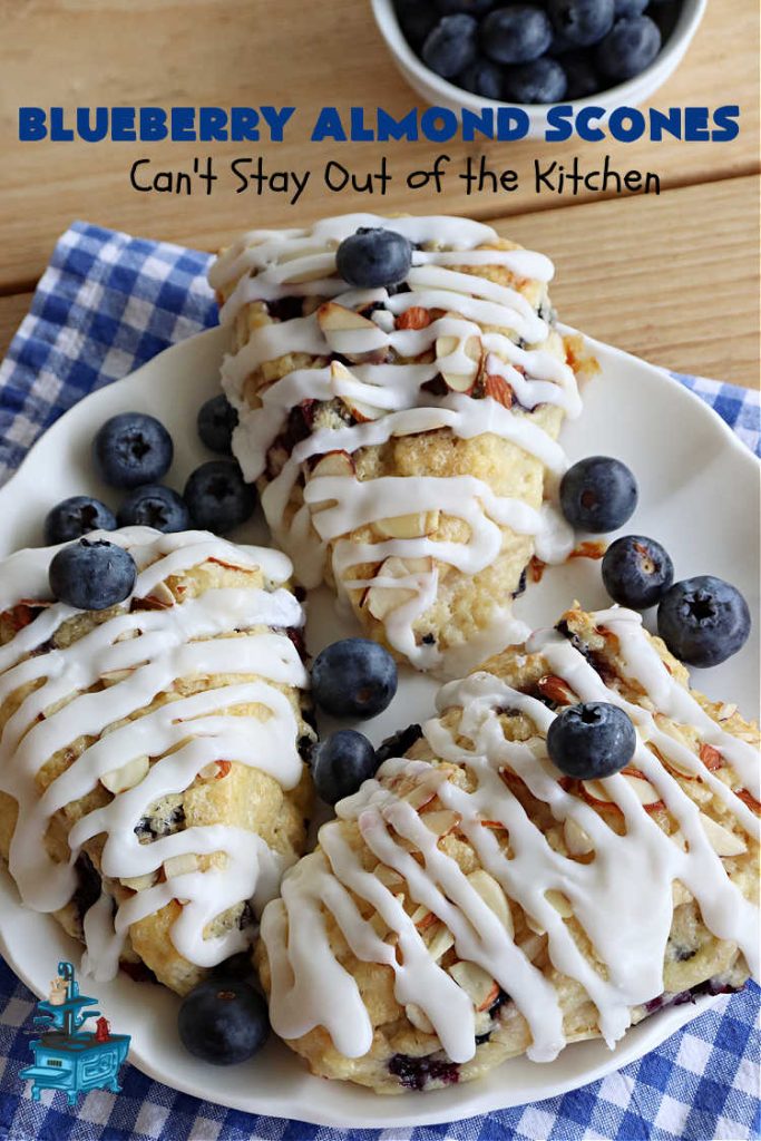 Blueberry Almond Scones | Can't Stay Out of the Kitchen | #BlueberryAlmondScones are outrageously good. These amazing #scones include #blueberries, #almonds & #AlmondExtract. They are so delightful with your morning coffee that you won't be able to put them down! Try these scrumptious treats for a weekend, company or #holiday #breakfast like #Thanksgiving, #Christmas or #NewYears. Everyone will swoon! #HolidayBreakfast
