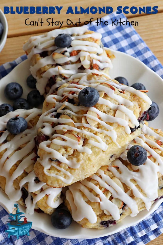 Blueberry Almond Scones | Can't Stay Out of the Kitchen | #BlueberryAlmondScones are outrageously good. These amazing #scones include #blueberries, #almonds & #AlmondExtract. They are so delightful with your morning coffee that you won't be able to put them down! Try these scrumptious treats for a weekend, company or #holiday #breakfast like #Thanksgiving, #Christmas or #NewYears. Everyone will swoon! #HolidayBreakfast
