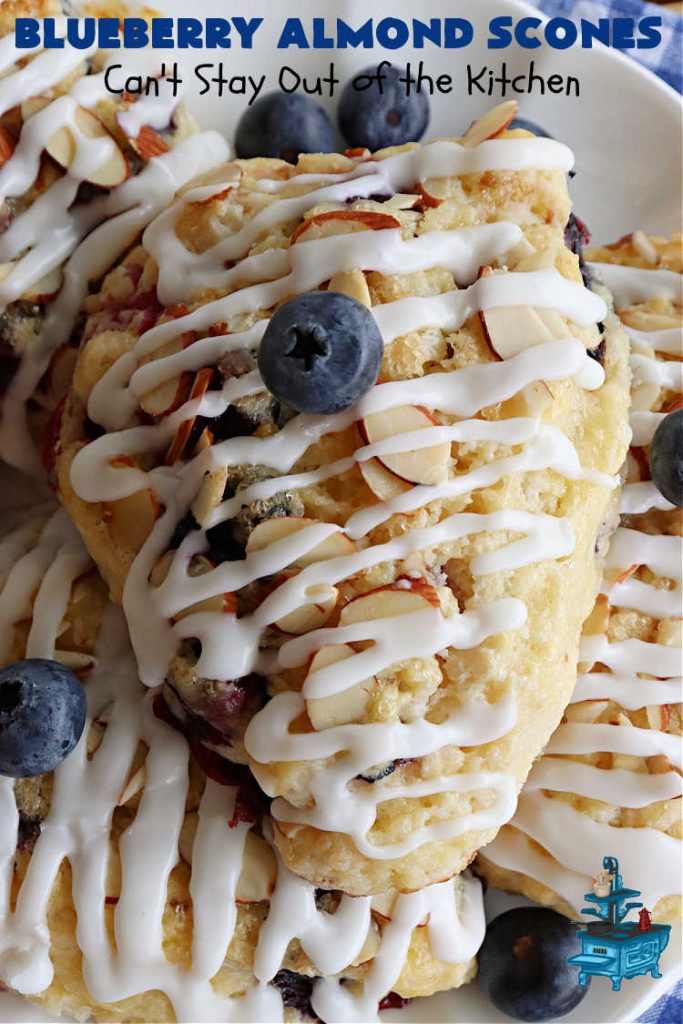 Blueberry Almond Scones | Can't Stay Out of the Kitchen | #BlueberryAlmondScones are outrageously good. These amazing #scones include #blueberries, #almonds & #AlmondExtract. They are so delightful with your morning coffee that you won't be able to put them down! Try these scrumptious treats for a weekend, company or #holiday #breakfast like #Thanksgiving, #Christmas or #NewYears. Everyone will swoon! #HolidayBreakfast