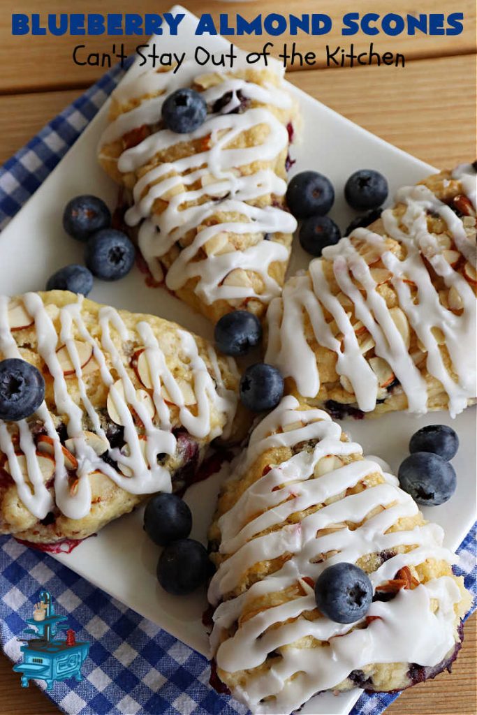 Blueberry Almond Scones | Can't Stay Out of the Kitchen | #BlueberryAlmondScones are outrageously good. These amazing #scones include #blueberries, #almonds & #AlmondExtract. They are so delightful with your morning coffee that you won't be able to put them down! Try these scrumptious treats for a weekend, company or #holiday #breakfast like #Thanksgiving, #Christmas or #NewYears. Everyone will swoon! #HolidayBreakfast