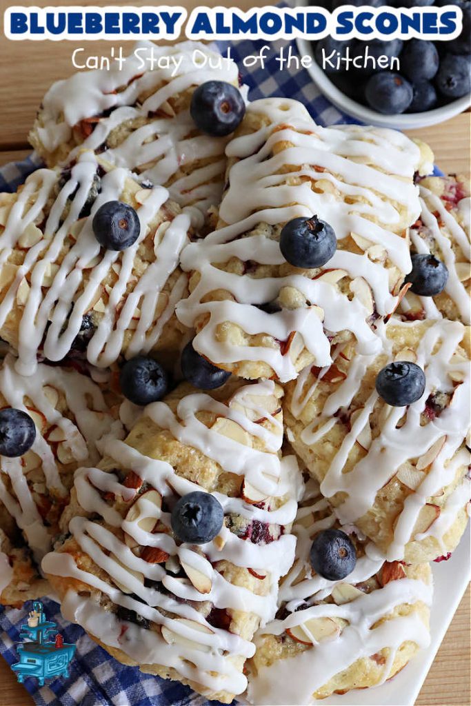 Blueberry Almond Scones | Can't Stay Out of the Kitchen | #BlueberryAlmondScones are outrageously good. These amazing #scones include #blueberries, #almonds & #AlmondExtract. They are so delightful with your morning coffee that you won't be able to put them down! Try these scrumptious treats for a weekend, company or #holiday #breakfast like #Thanksgiving, #Christmas or #NewYears. Everyone will swoon! #HolidayBreakfast