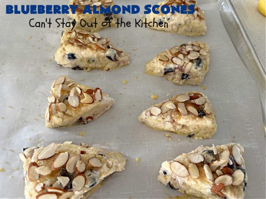 Blueberry Almond Scones | Can't Stay Out of the Kitchen | #BlueberryAlmondScones are outrageously good. These amazing #scones include #blueberries, #almonds & #AlmondExtract. They are so delightful with your morning coffee that you won't be able to put them down! Try these scrumptious treats for a weekend, company or #holiday #breakfast like #Thanksgiving, #Christmas or #NewYears. Everyone will swoon! #HolidayBreakfast