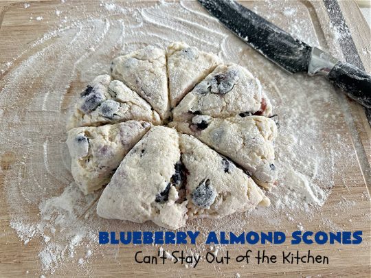 Blueberry Almond Scones | Can't Stay Out of the Kitchen | #BlueberryAlmondScones are outrageously good. These amazing #scones include #blueberries, #almonds & #AlmondExtract. They are so delightful with your morning coffee that you won't be able to put them down! Try these scrumptious treats for a weekend, company or #holiday #breakfast like #Thanksgiving, #Christmas or #NewYears. Everyone will swoon! #HolidayBreakfast